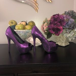 Metallic purple open toe platform heels size 8